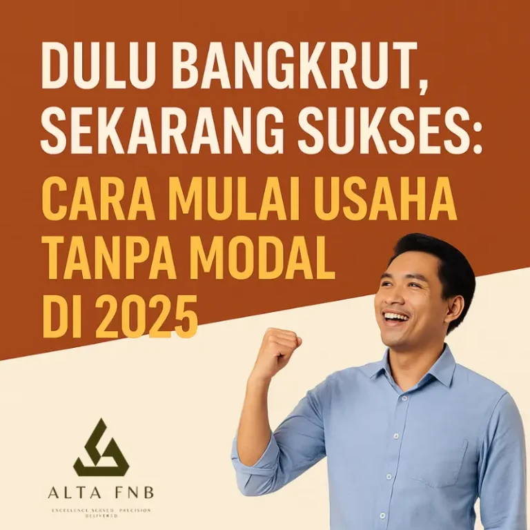 Ilustrasi promosi artikel “Dulu Bangkrut, Sekarang Sukses: Cara Mulai Usaha Tanpa Modal di 2025” dengan pria muda tersenyum percaya diri mengenakan kemeja biru