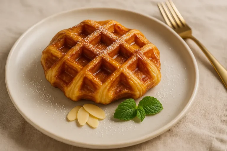 Croffle premium keemasan dengan lapisan butter renyah dan taburan almond
