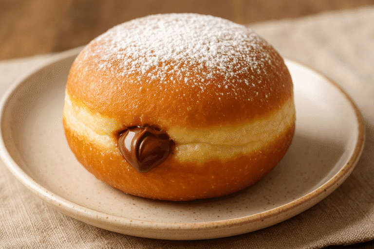 Donat bomboloni premium isi cokelat lumer dengan taburan gula halus