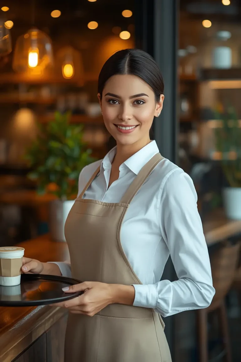 Waitress profesional tersenyum sambil membawa kopi di restoran modern, menggambarkan suasana hangat dan pelayanan yang berstandar SOP food safety.