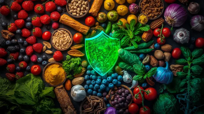 Asian functional foods arranged around a glowing green immunity shield, showcasing anti-inflammatory spices, healing vegetables, berries, nuts, and medicinal herbs in a premium scientific nutrition layout.
