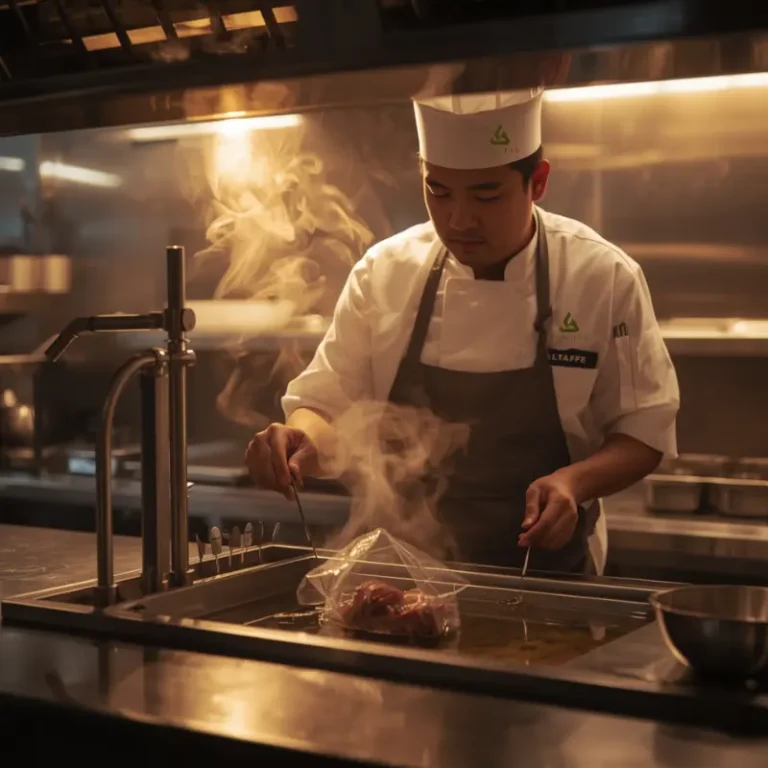Chef profesional sedang menggunakan teknik masak sous vide di dapur modern