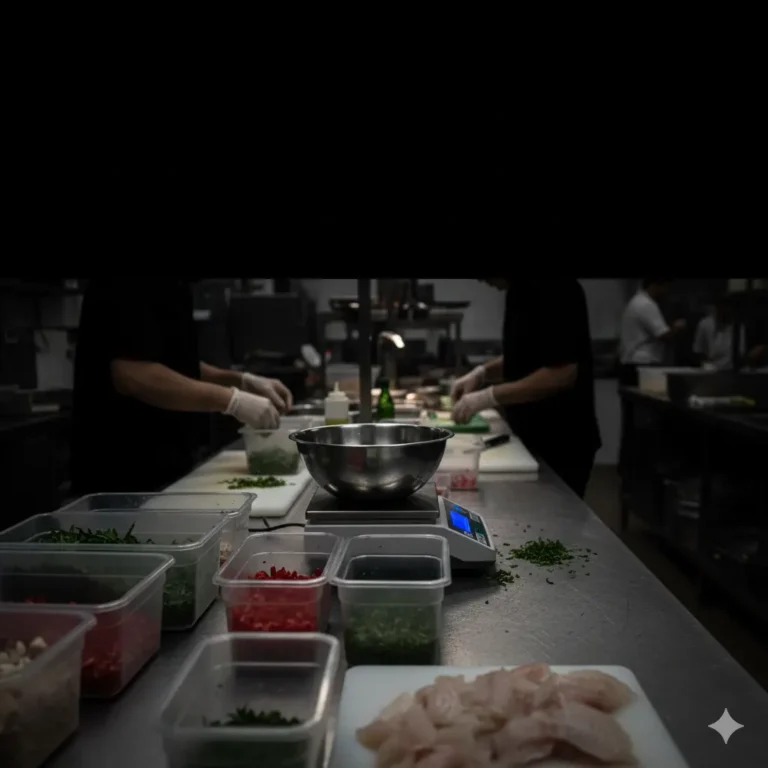 Tim dapur restoran menghitung food cost dan penggunaan bahan di area back of house.