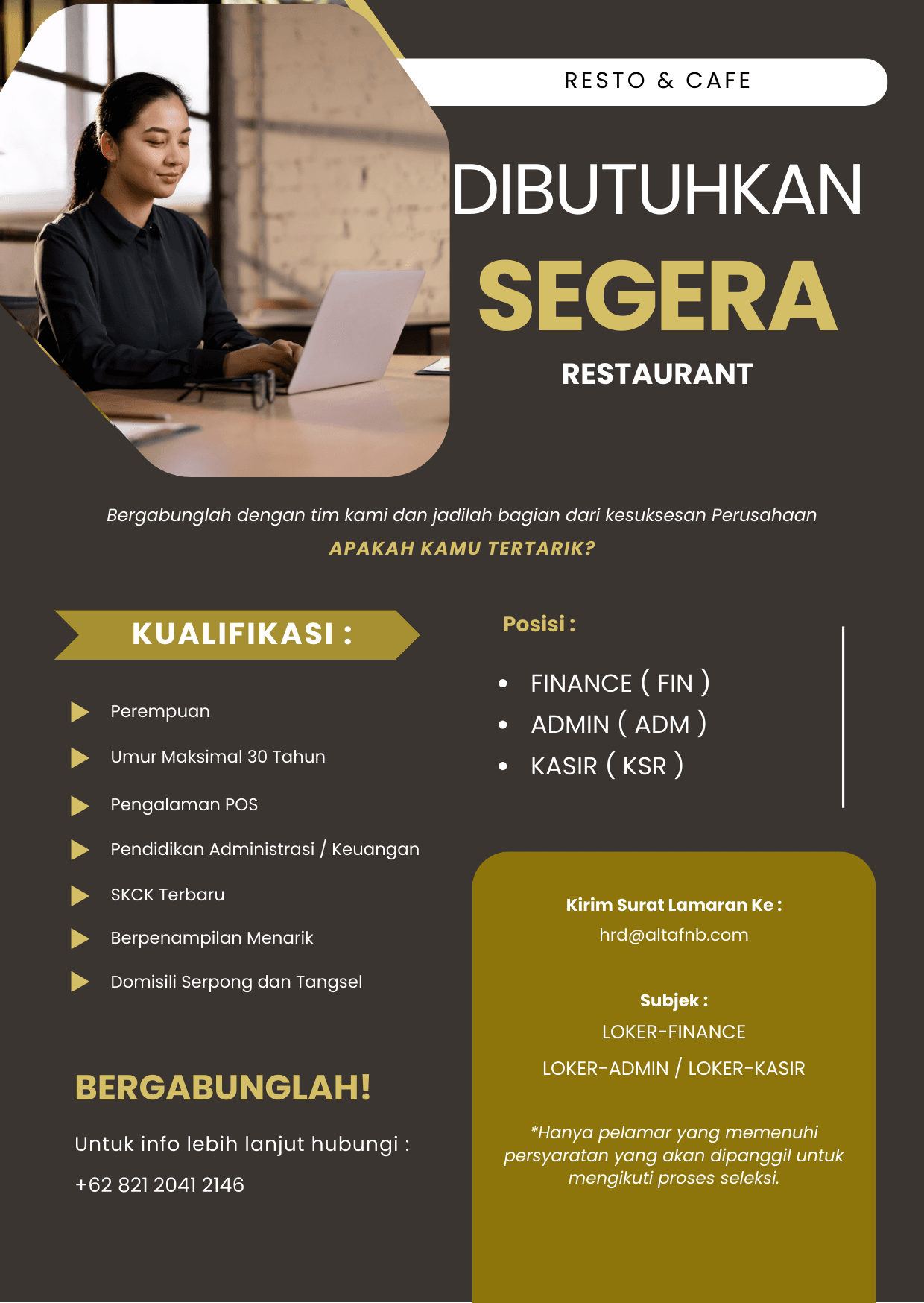 Lowongan Admin Finance dan Kasir Restaurant