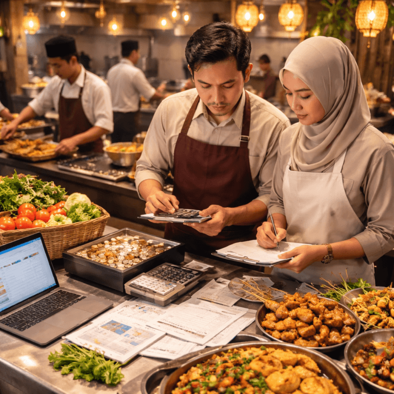 Aktivitas dapur usaha makanan saat puasa Ramadhan 2026, pemilik dan staf mengatur produksi, stok bahan, dan keuangan di tengah persiapan berbuka puasa.