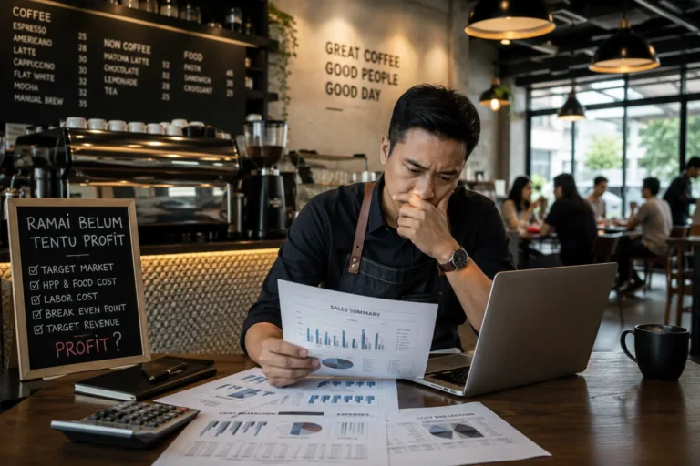 Pemilik coffee shop menganalisis laporan penjualan dan biaya operasional bisnis cafe